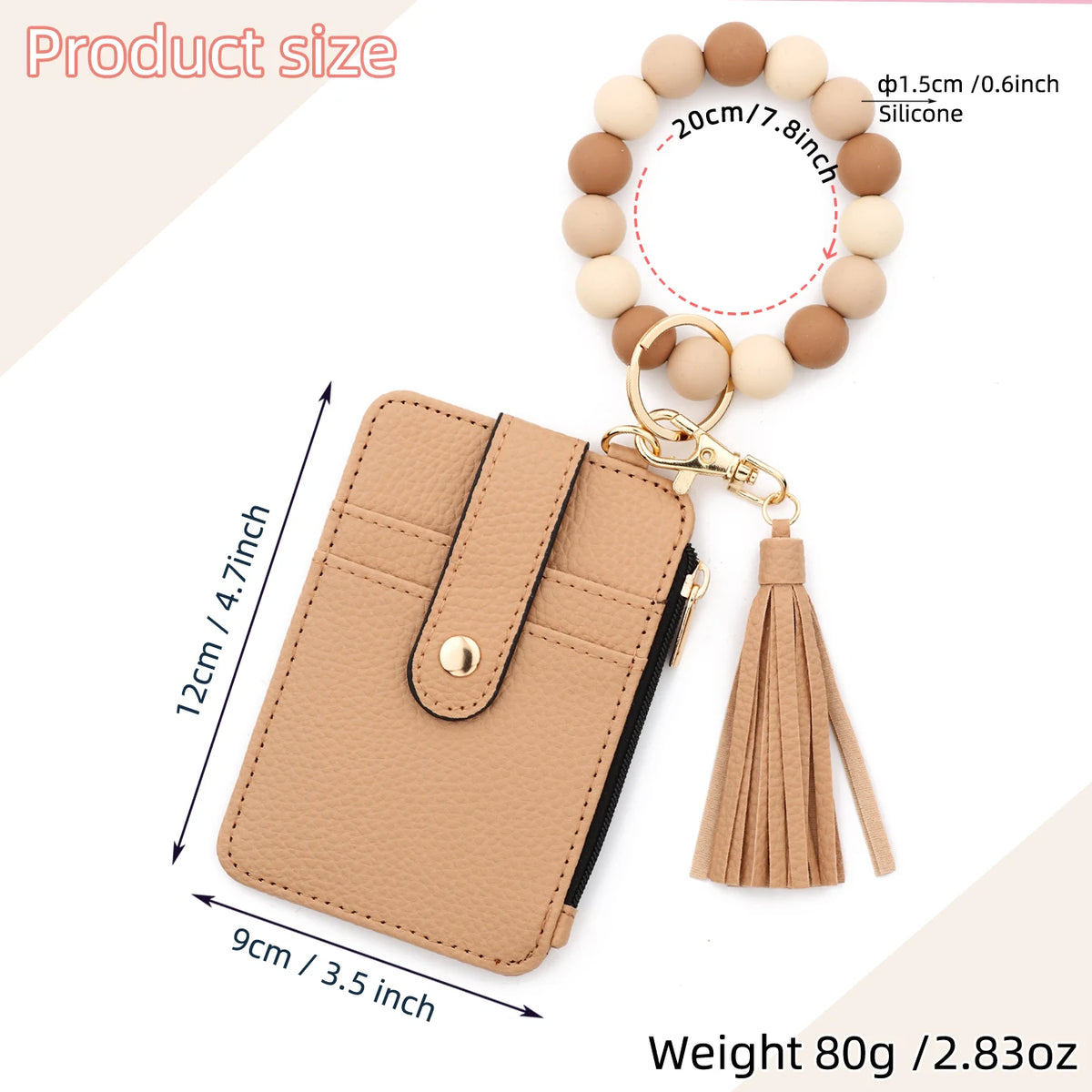 Tan leather card holder with a gold keychain bangle and tassel