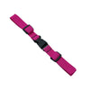 A magenta tactical backpack chest strap harness with black adjustment buckles.