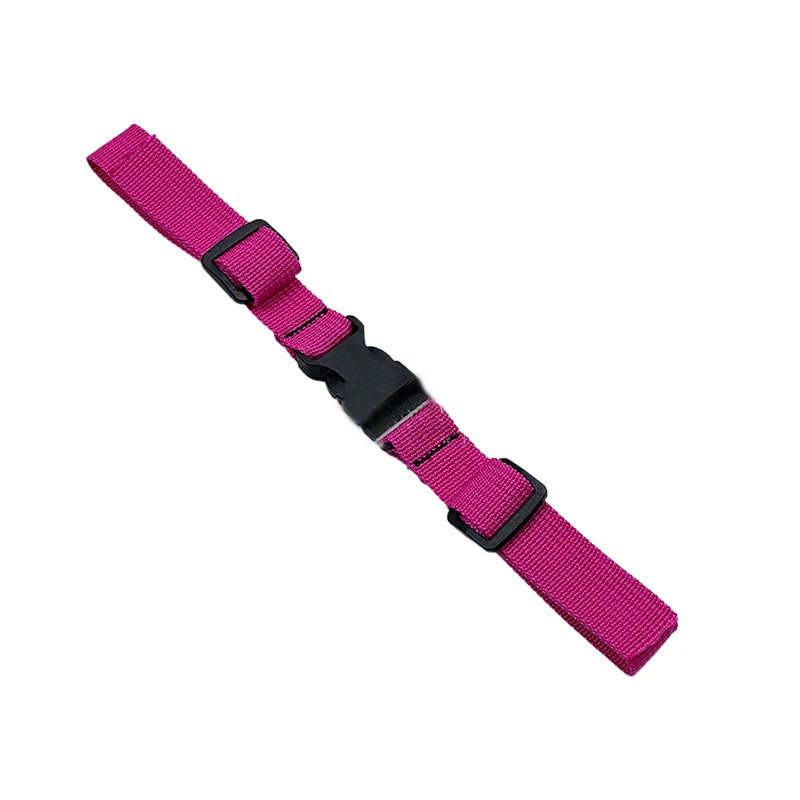 A magenta tactical backpack chest strap harness with black adjustment buckles.