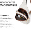 A white PU leather chest sling bag showing various internal pockets including card slots, main zip pockets, slot pocket, blac
