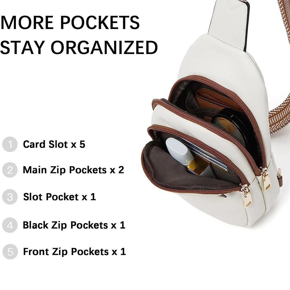 A white PU leather chest sling bag showing various internal pockets including card slots, main zip pockets, slot pocket, blac