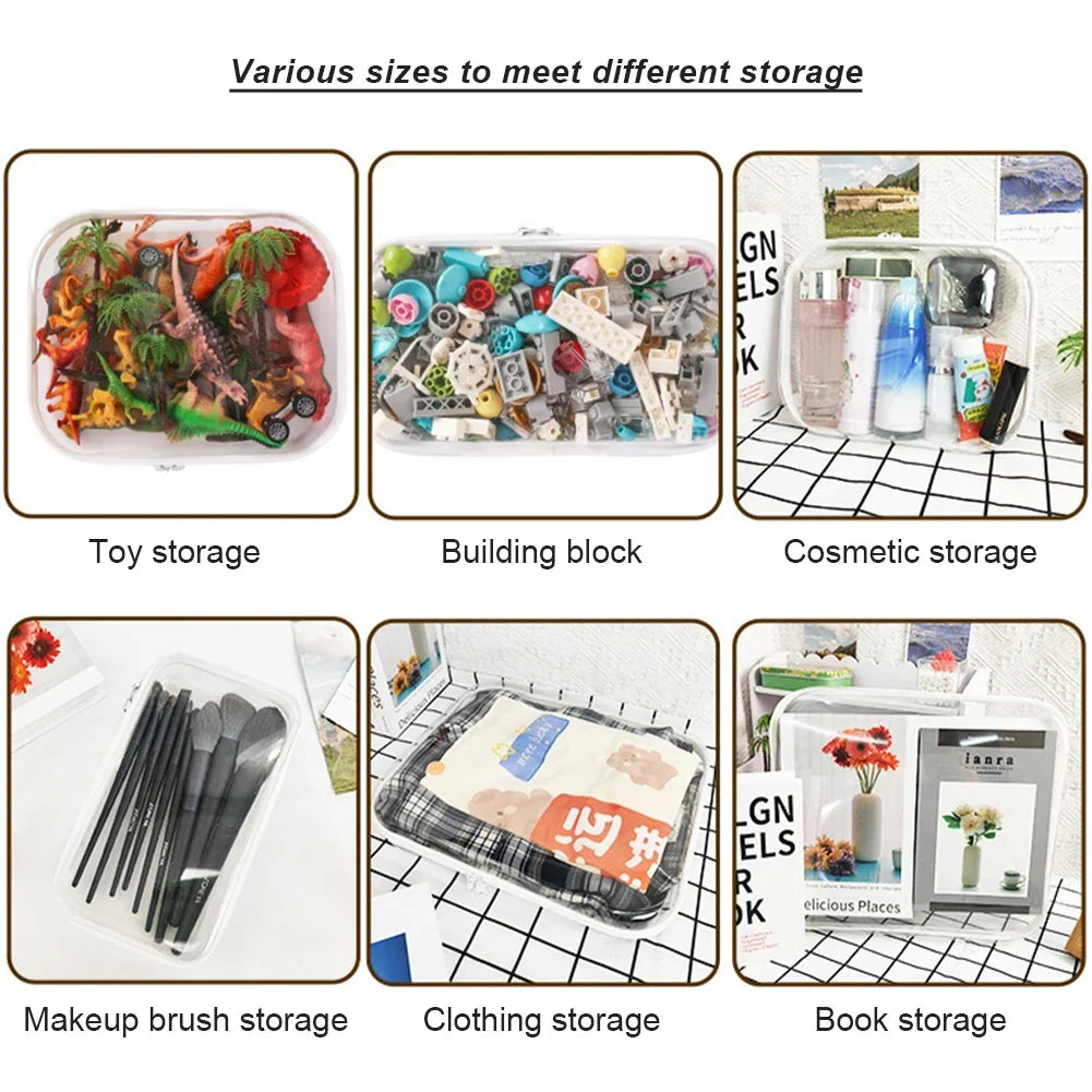 Various transparent storage pouches for toys, building blocks, cosmetics, makeup brushes, clothing, and books.