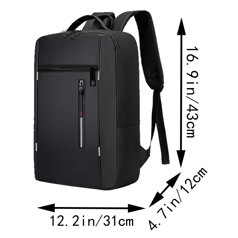 A black durable laptop backpack shown with dimensions of 16.9 inches high and 12.2 inches wide.
