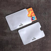 Two clear plastic anti-scan card sleeves for credit cards and RFID protection are displayed on a dark surface.