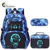 A blue and black graffiti-patterned backpack featuring a glowing blue electric lightning design.