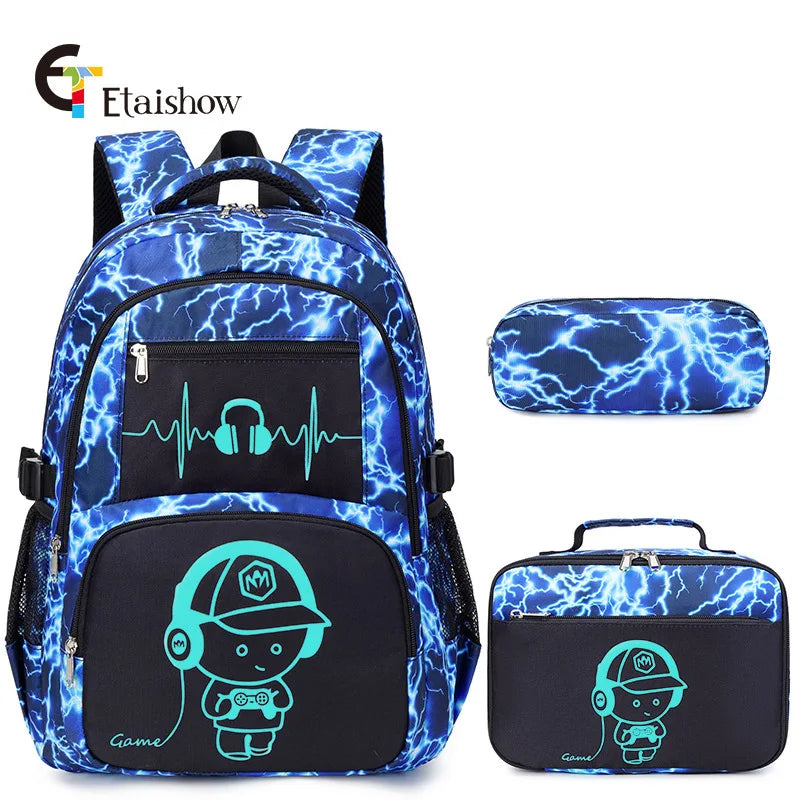A blue and black graffiti-patterned backpack featuring a glowing blue electric lightning design.