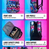 A multi-layer hip-hop street style backpack shown from the front, side profile, and details.