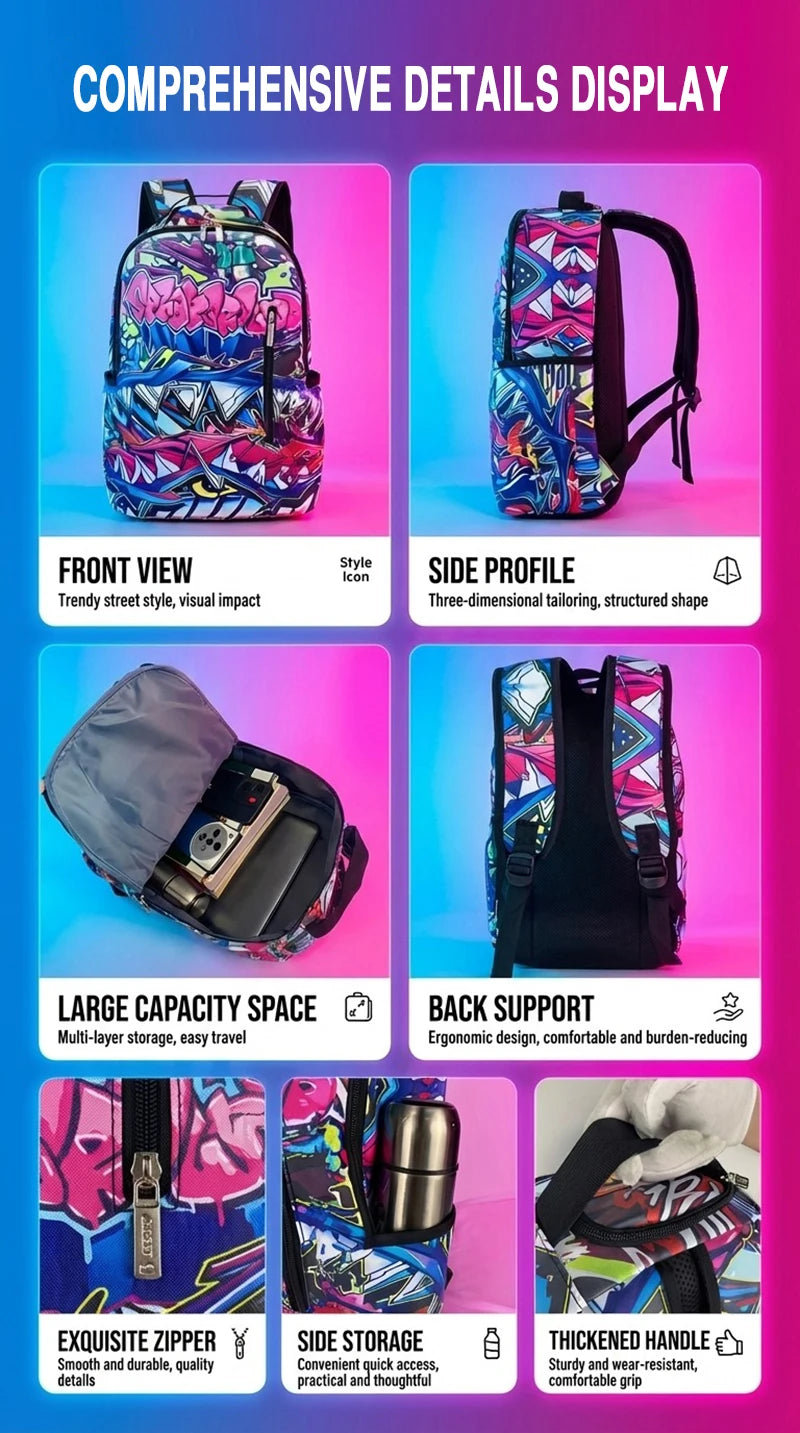 A multi-layer hip-hop street style backpack shown from the front, side profile, and details.