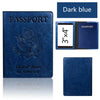 Dark blue leather passport holder wallet with an eagle emblem and passport card display.