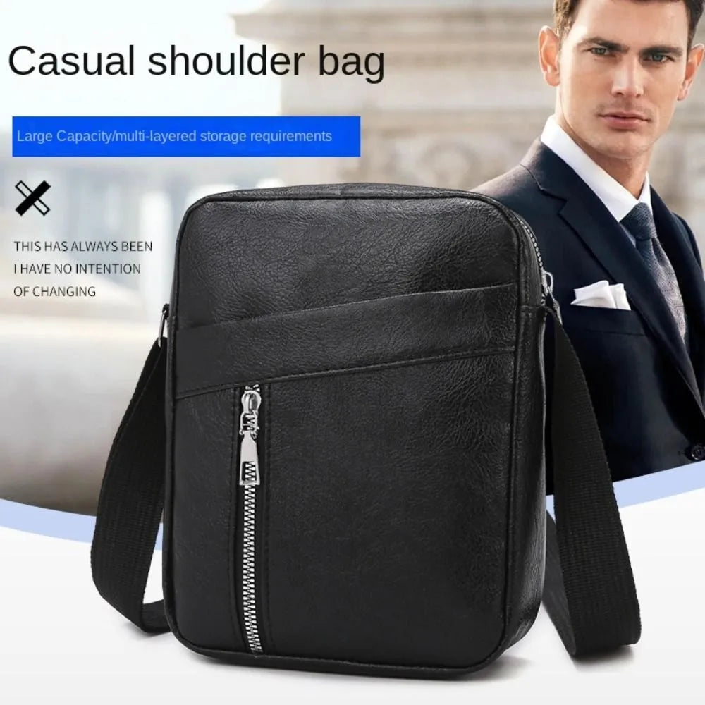A black leather shoulder bag is shown next to a man in a suit, highlighting its large capacity and multi-layered storage feat