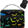 Bolsa organizadora de maquillaje portátil negra con estampado de murciélago, mostrada abierta y cerrada.