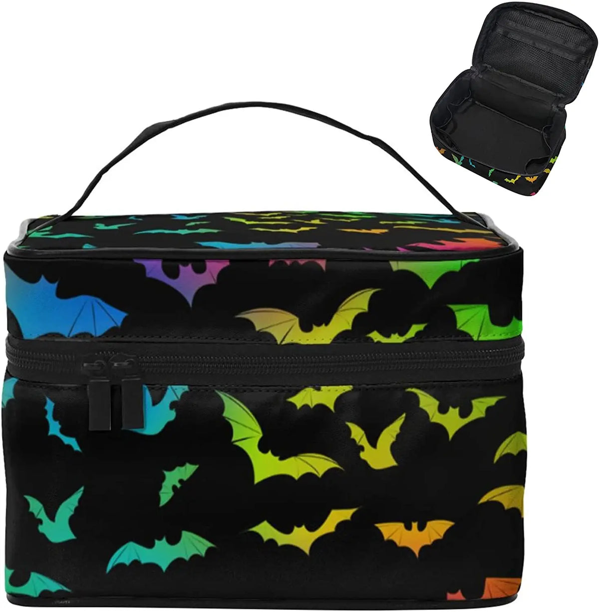 Bolsa organizadora de maquillaje portátil negra con estampado de murciélago, mostrada abierta y cerrada.