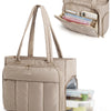 A beige insulated multi-pocket work tote bag with a padded design and an open laptop compartment.