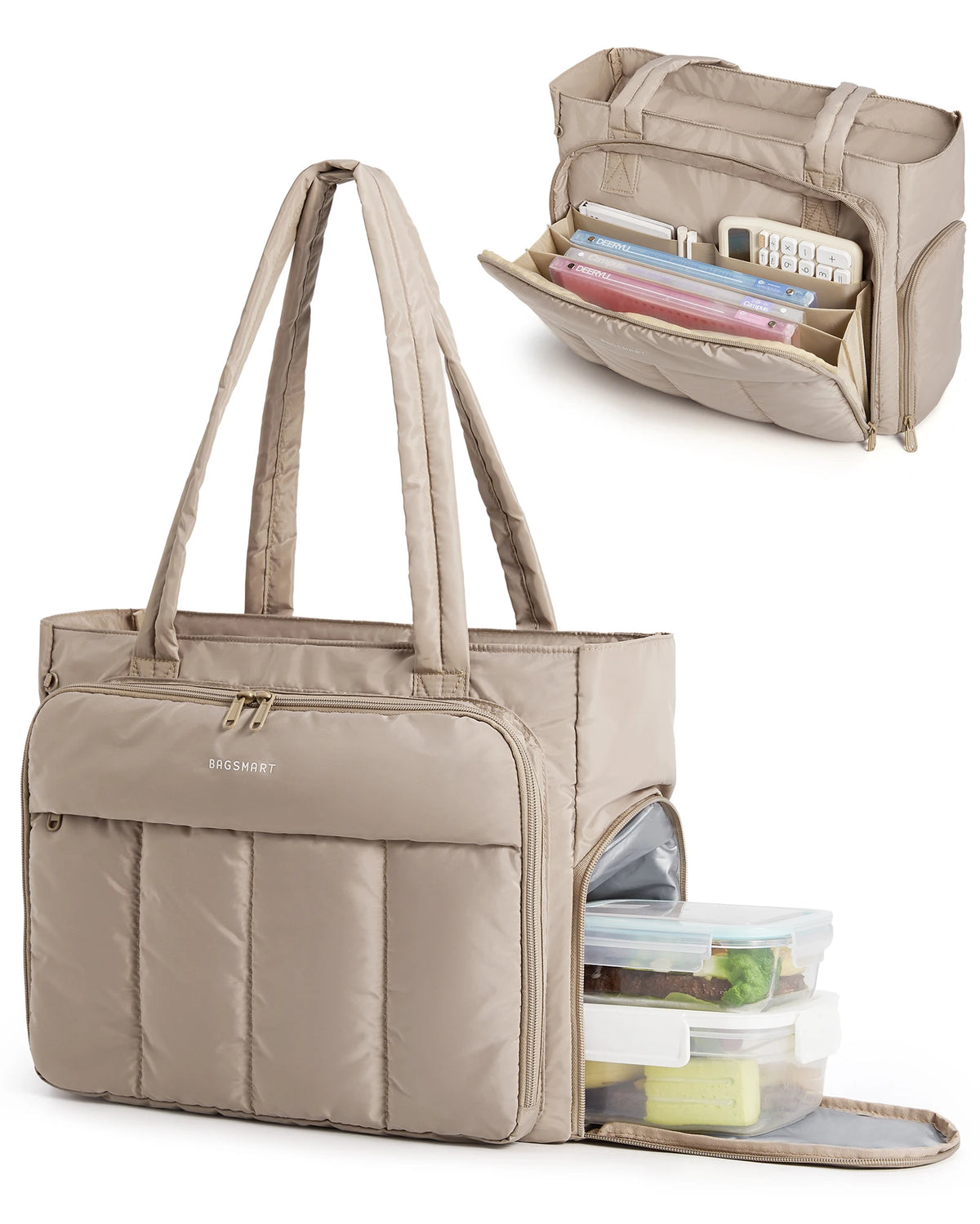 A beige insulated multi-pocket work tote bag with a padded design and an open laptop compartment.