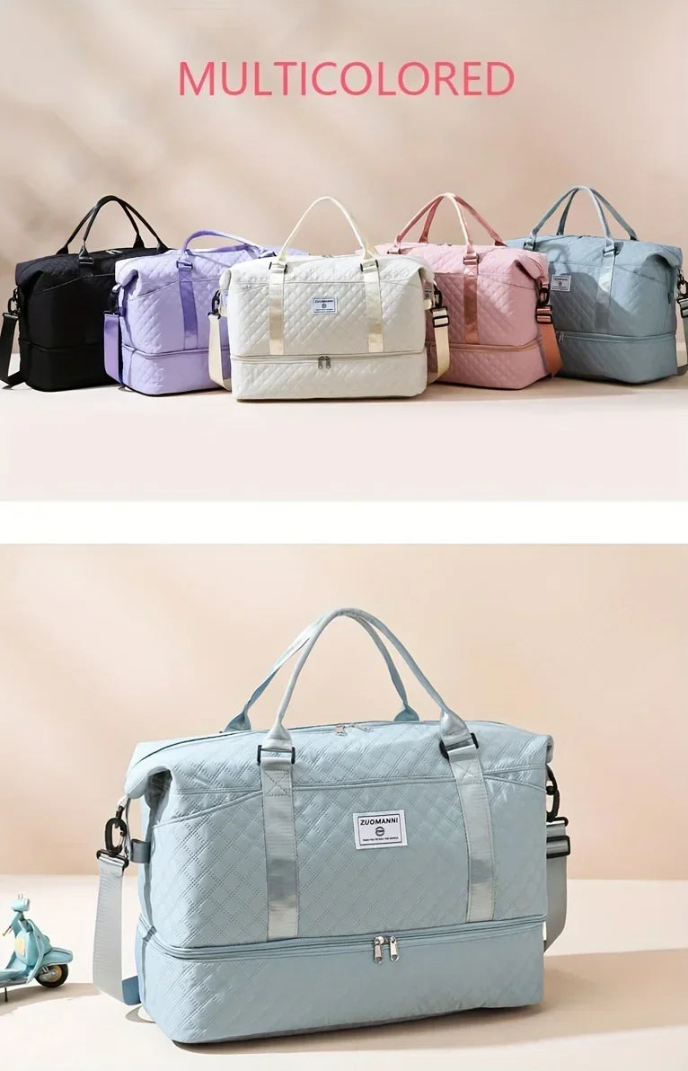 A collection of multicolored duffel bags and a light blue travel duffel bag with a zipper.