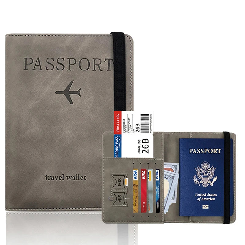 Graues Leder-Reisepass-Wallet mit Außenhülle und Innenfache für Reisepass und ID-Karte
