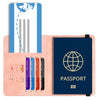 A pink leather travel wallet with a passport holder and an ID card slot featuring a world map design.