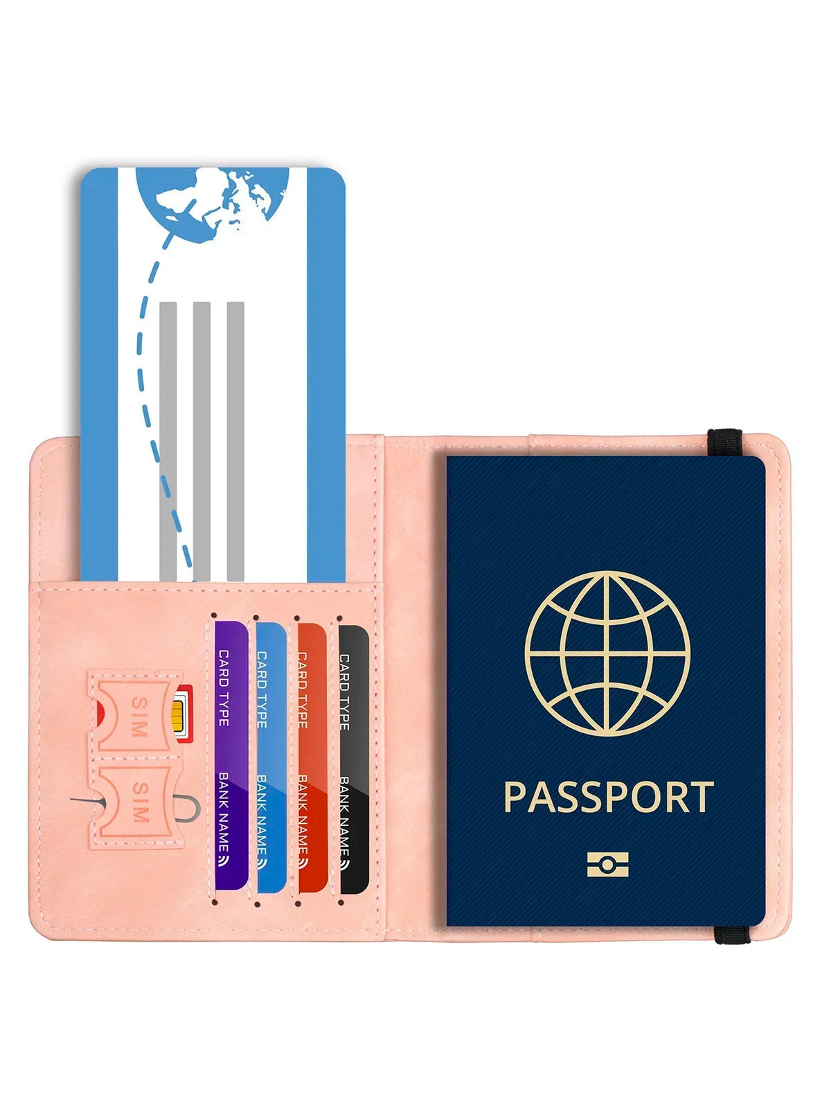 A pink leather travel wallet with a passport holder and an ID card slot featuring a world map design.