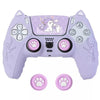 A purple silicone grip cover for a PlayStation controller featuring a cat design.