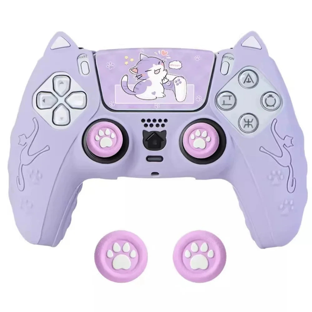 A purple silicone grip cover for a PlayStation controller featuring a cat design.