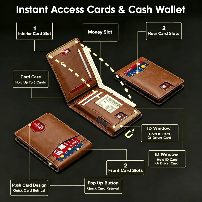 A brown leather card holder wallet showing various slots for cards and cash.