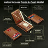 A brown leather card holder wallet showing various slots for cards and cash.