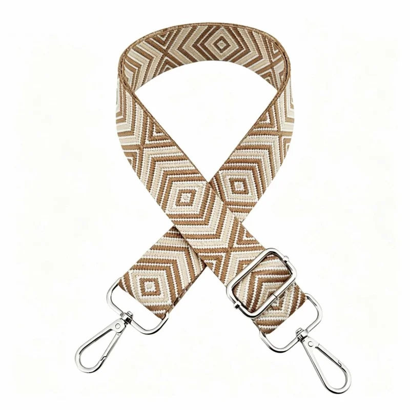 A beige and brown patterned nylon shoulder strap designed for bags and purses.