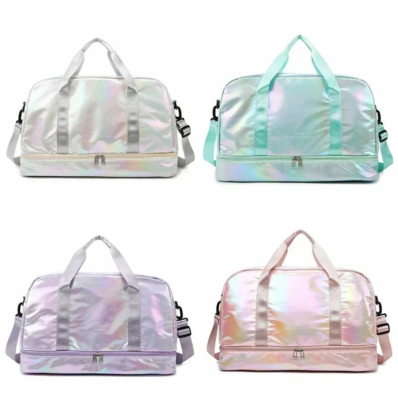 Three versions of a durable nylon travel bag for fitness and gym in light pink and iridescent colors.