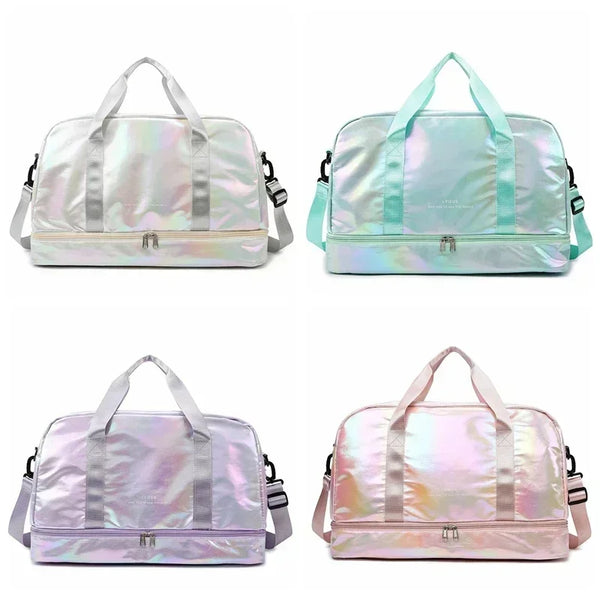 Drei Versionen einer strapazierfähigen Nylon-Reisetasche für Fitness und Gym in Hellrosa und irisierenden Farben.