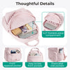 Pink lightweight backpack showing various compartments including a padded laptop section and front and side pockets