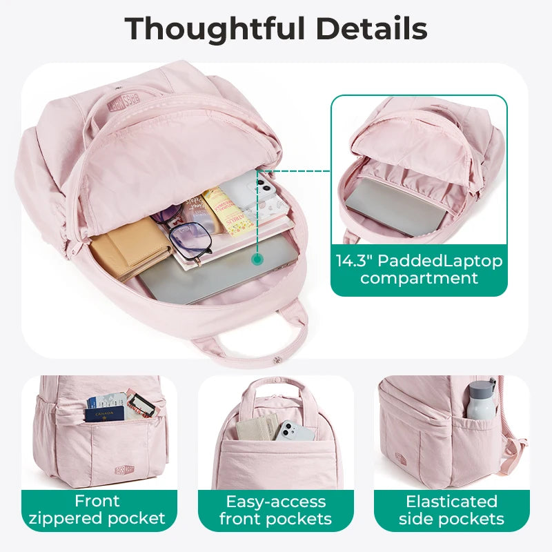 Pink lightweight backpack showing various compartments including a padded laptop section and front and side pockets