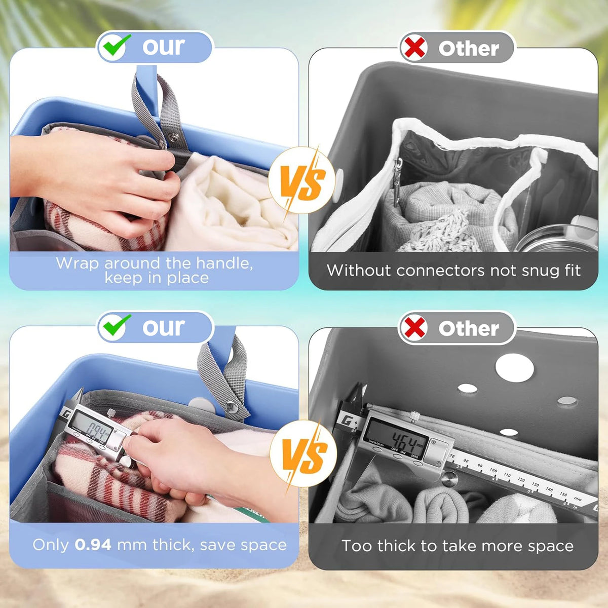 Comparison of a mesh organizer insert for tote bags showing thickness and fit.