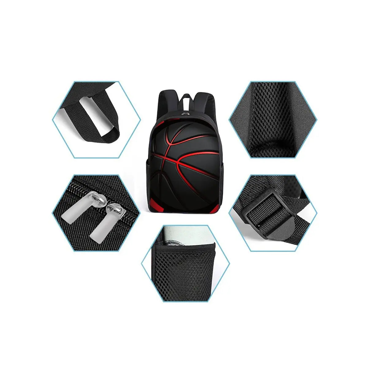 Black cartoon print backpack for kids shown in various views and components