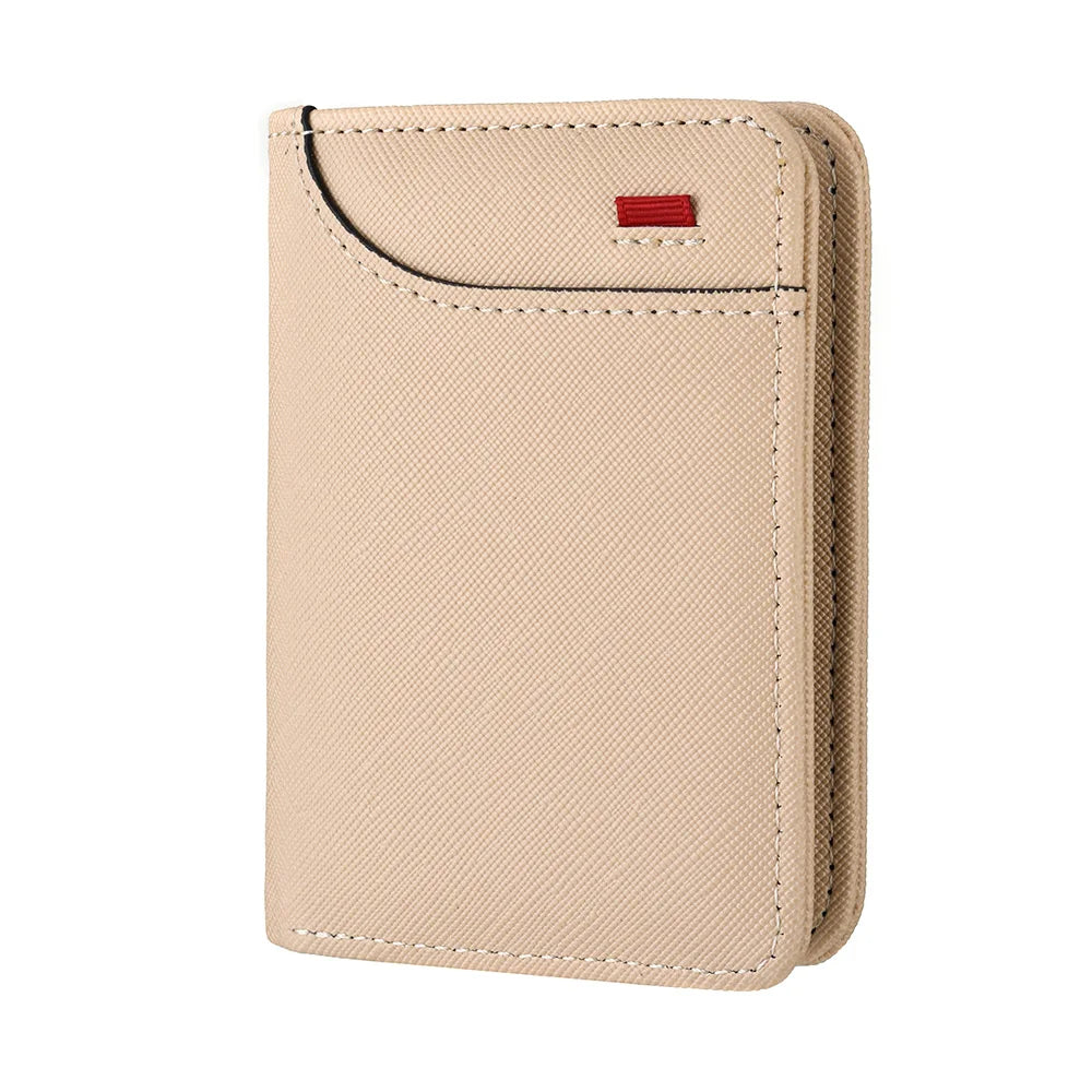 A light beige slim bifold wallet for men with multiple card slots and a red accent.