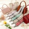 A collection of various bags and purses featuring adjustable nylon shoulder straps in pink, beige, brown, and gray patterns.
