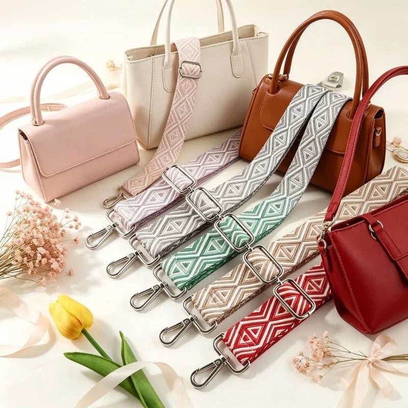 A collection of various bags and purses featuring adjustable nylon shoulder straps in pink, beige, brown, and gray patterns.