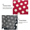 Close-up view of a red fabric with white polka dots, showing premium stitching and a lining display.