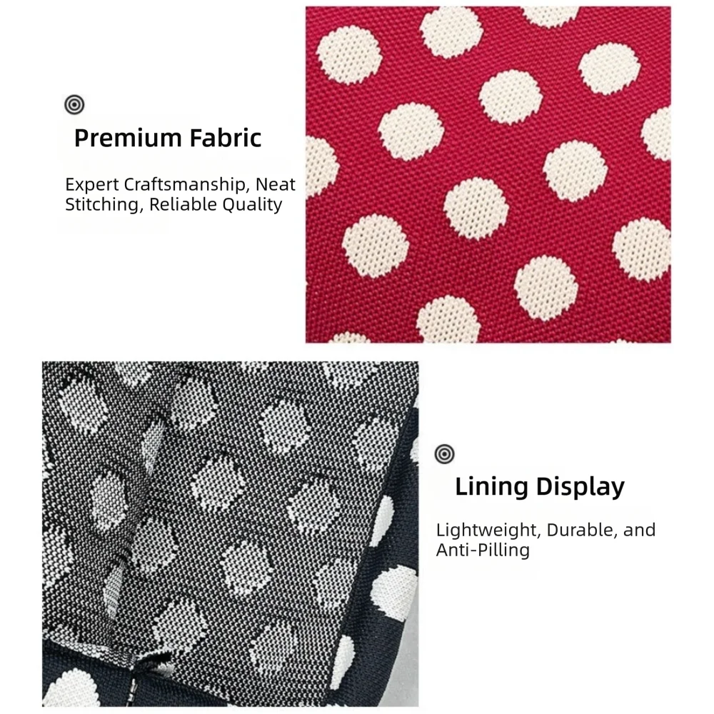 Close-up view of a red fabric with white polka dots, showing premium stitching and a lining display.