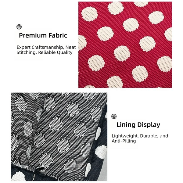 Close-up view of a red fabric with white polka dots, showing premium stitching and a lining display.