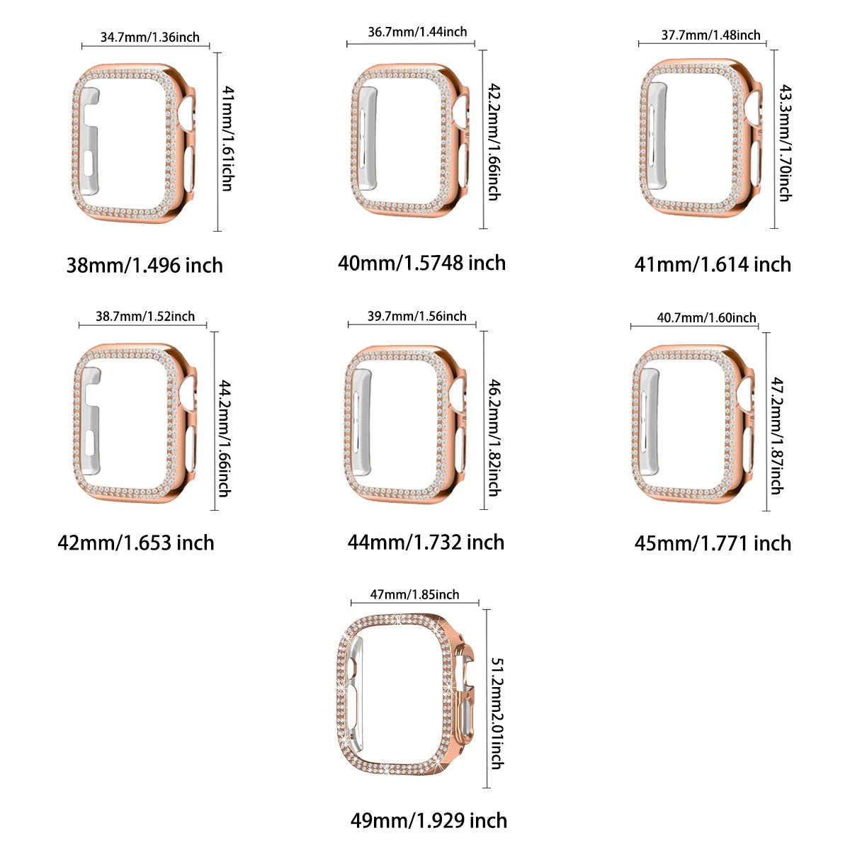Various sizes of glitter diamond rhinestone bumper cases for an Apple Watch displayed in a grid.