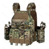 A tan tactical plate carrier vest with an adjustable molle system and camouflage pattern.