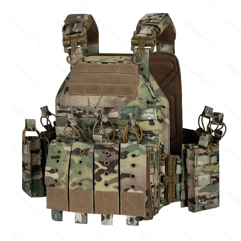 A tan tactical plate carrier vest with an adjustable molle system and camouflage pattern.