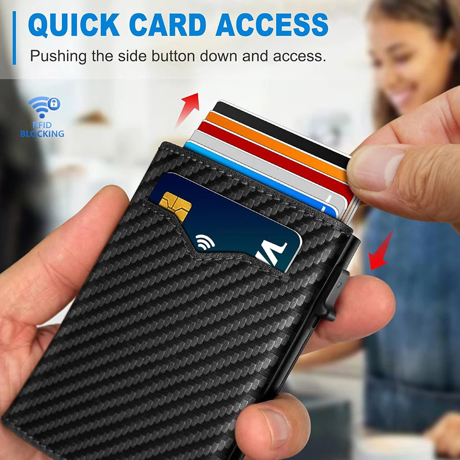 A hand holds a black textured card holder displaying an RFID blocking card with a wireless symbol.