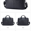 Black genuine leather men's briefcase shown from the front, back, side, and bottom views.