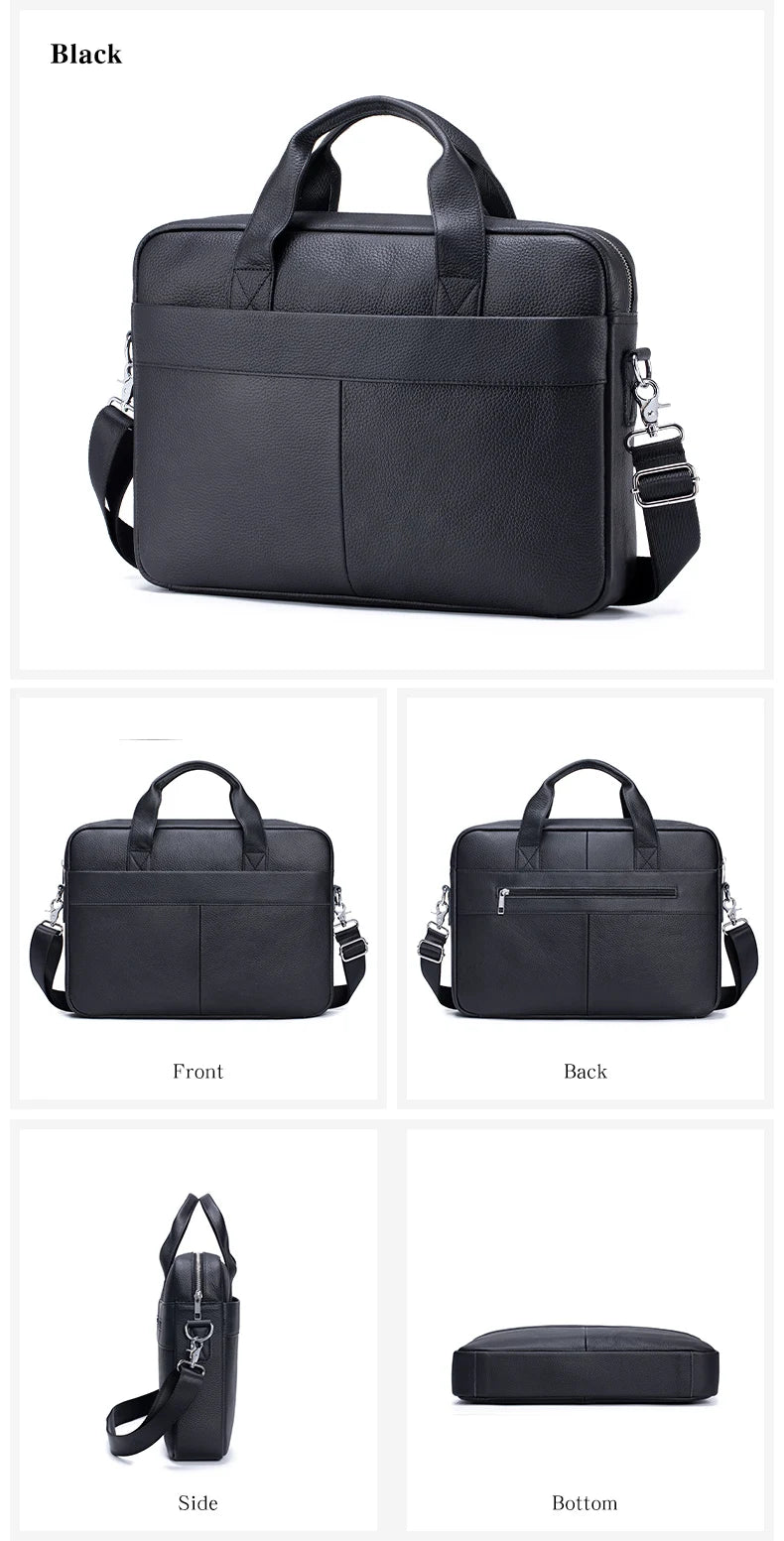 Black genuine leather men's briefcase shown from the front, back, side, and bottom views.