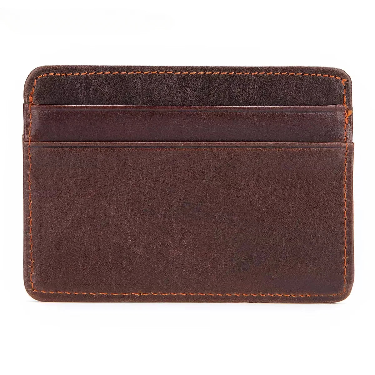 A dark brown genuine leather card holder with stitched edges.