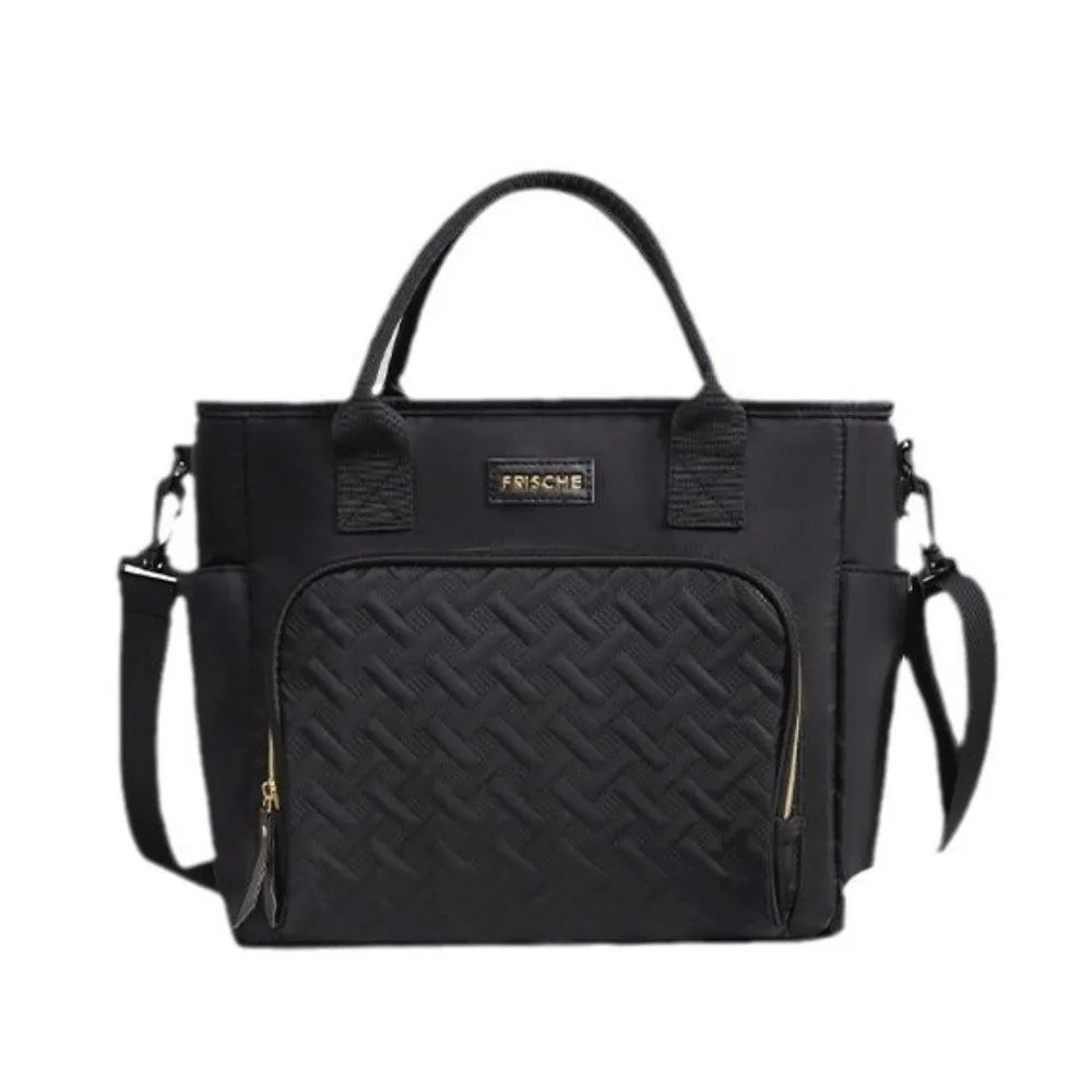 Black durable insulated lunch bag with a quilted pattern and shoulder straps