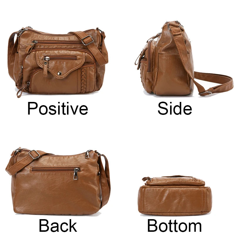 A luxury brown leather tote bag shown from the positive, side, back, and bottom angles.