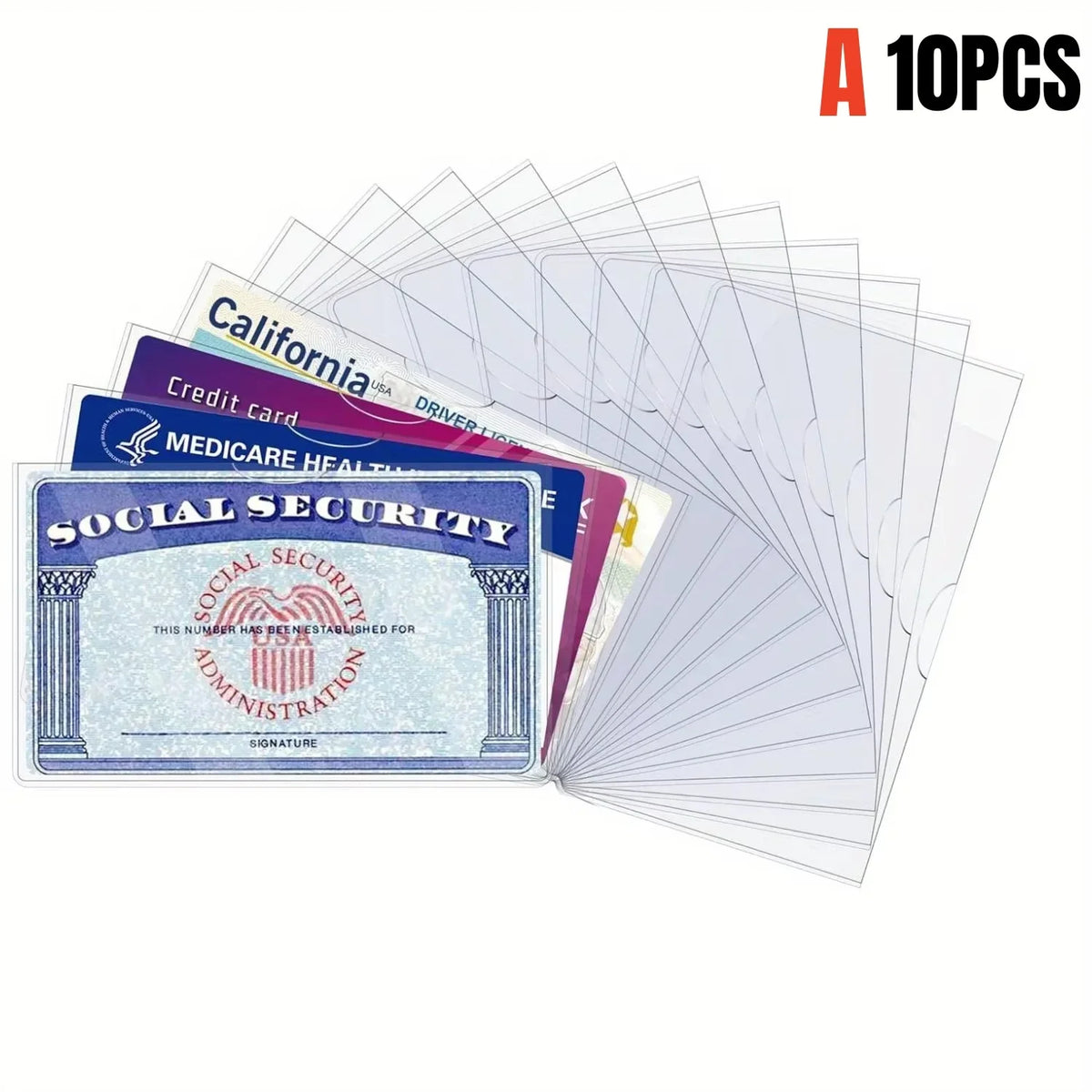 A stack of clear PVC card and ID sleeves, including documents like a Social Security card and driver's license.