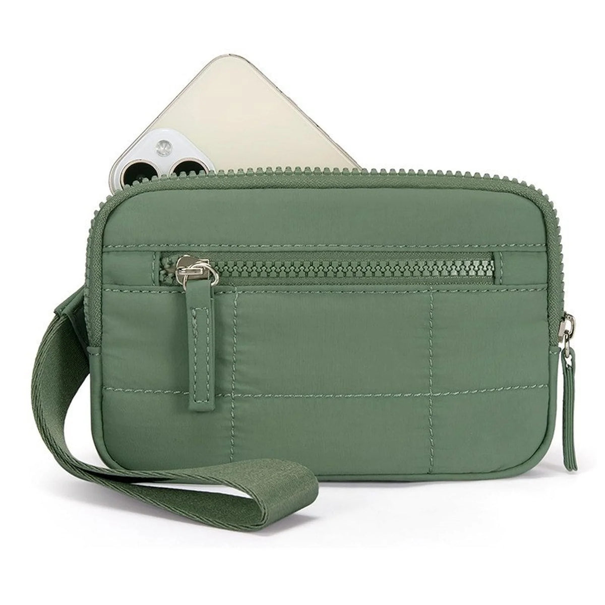 Bolso cruz acolchado verde oliva con cremallera y un teléfono